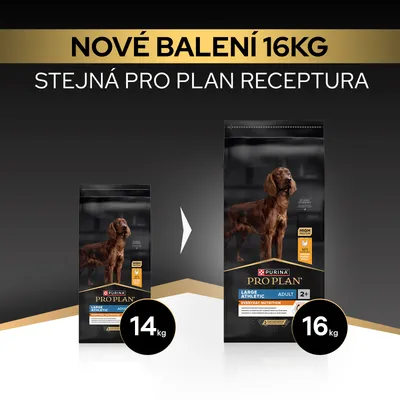 Purina Pro Plan Large Athletic Adult teraz v novom 16,kg balení namiesto 14,kg, rovnaká receptúra. Purina Pro Plan Large Athletic Adult teraz v novom 16,kg balení namiesto 14,kg, rovnaká receptúra.
