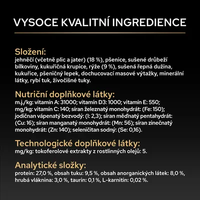 Složení: jehněčí, pšenice, drůbeží protein, kukuřičná krupice, rýže, řepné řízky, minerální látky, rybí olej. Analytické složky: protein 27 %, tuk 9,5 %, hrubá vláknina 3 %. Složení: jehněčí, pšenice, drůbeží protein, kukuřičná krupice, rýže, řepné řízky, minerální látky, rybí olej. Analytické složky: protein 27 %, tuk 9,5 %, hrubá vláknina 3 %.