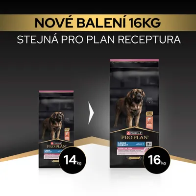 Purina Pro Plan Large Robust Adult Sensitive Skin teraz v novom 16,kg balení, doteraz 14,kg. Receptúra zostáva nezmenená. Purina Pro Plan Large Robust Adult Sensitive Skin teraz v novom 16,kg balení, doteraz 14,kg. Receptúra zostáva nezmenená.