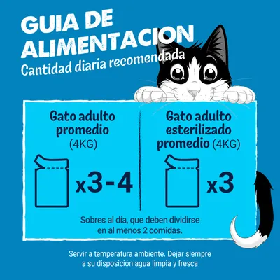 Cantidades recomendadas: Gato adulto promedio (4 kg), 3-4 sobres al día; gato adulto esterilizado (4 kg), 3 sobres al día. Proporcione siempre agua fresca. Cantidades recomendadas: Gato adulto promedio (4 kg), 3-4 sobres al día; gato adulto esterilizado (4 kg), 3 sobres al día. Proporcione siempre agua fresca.