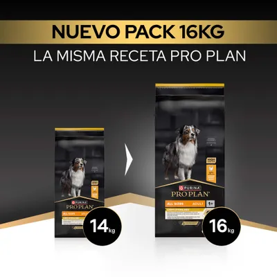 Nuevo pack Pro Plan con 16 kg, misma receta que antes. La imagen del producto muestra el cambio de bolsa de 14 kg a 16 kg.