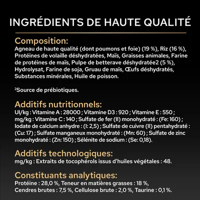 Liste des ingrédients : agneau, riz, protéine de volaille, maïs, graisses animales, vitamine A, D3, E, C, fer, calcium, cuivre, manganèse, zinc, sélénium, tocophérols, protéine 28 %, matières grasses 18 %.