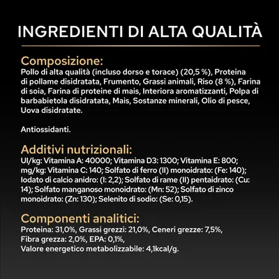 Componenti: pollo, proteine di pollame, frumento, grassi animali, riso, farina di soia, farina di glutine di mais, frattaglie, polpa di barbabietola, mais, minerali, olio di pesce, uovo. Componenti analitici: proteine 31%, grassi 21%.