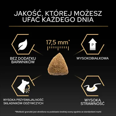 Kształt krokietów o rozmiarze 17,5 mm, bez dodatku barwników, wysoka zawartość białka, wysoka przyswajalność składników odżywczych oraz wysoka strawność zgodnie z ilustracją. Kształt krokietów o rozmiarze 17,5 mm, bez dodatku barwników, wysoka zawartość białka, wysoka przyswajalność składników odżywczych oraz wysoka strawność zgodnie z ilustracją.