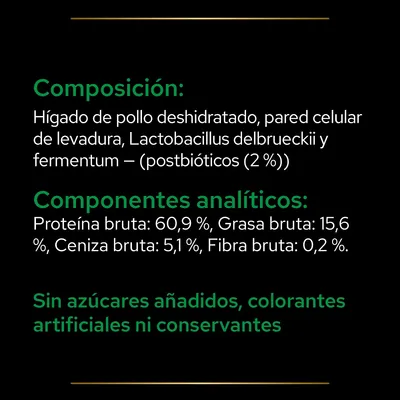 Composición: hígado de pollo deshidratado, pared celular de levadura, Lactobacillus delbrueckii y fermentum (postbióticos 2 %). Proteína bruta 60,9 %, grasa 15,6 %, sin azúcares añadidos.