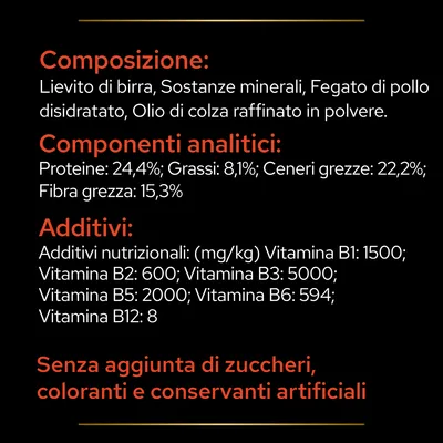 Composizione, componenti analitici e additivi: lievito di birra, minerali, fegato di pollo disidratato, proteine 24,4%, vitamine B1-B12. Senza zuccheri, coloranti o conservanti artificiali.