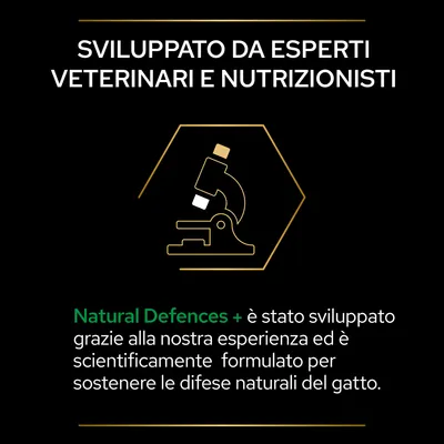 SVILUPPATO DA ESPERTI VETERINARI E NUTRIZIONISTI. Natural Defences+ è stato sviluppato grazie alla nostra esperienza ed è scientificamente formulato per sostenere le difese naturali del gatto.