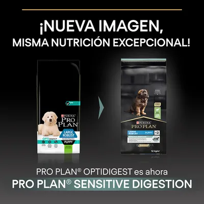 Cambio de imagen: PURINA PRO PLAN Large Robust Puppy Optidigest ahora es PRO PLAN Sensitive Digestion. Texto: ¡Nueva imagen, misma nutrición excepcional!