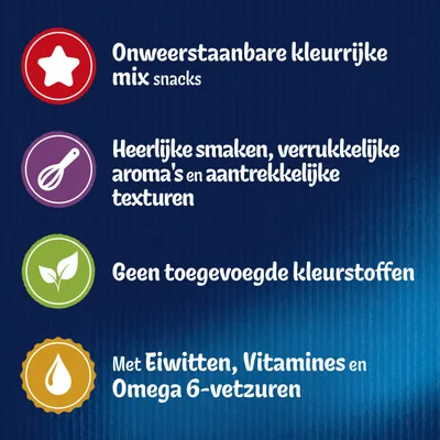 Onweerstaanbare kleurrijke mix snacks, heerlijke smaken en aroma's, aantrekkelijke texturen, geen toegevoegde kleurstoffen, met eiwitten, vitamines en omega 6-vetzuren.