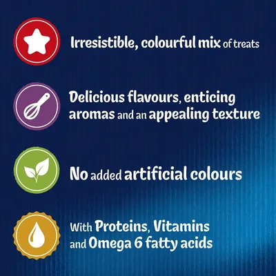 Irresistible, colourful mix of treats. Delicious flavours, enticing aromas, appealing texture. No added artificial colours. Contains proteins, vitamins and Omega 6 fatty acids.