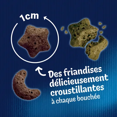 Friandises en forme d’étoile et de croissant, taille indiquée 1 cm. Texte visible : Des friandises délicieusement croustillantes à chaque bouchée.
