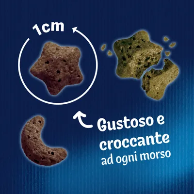 Crocchette a forma di stella e mezzaluna, dimensione 1 cm. Testo visibile: Gustoso e croccante ad ogni morso.