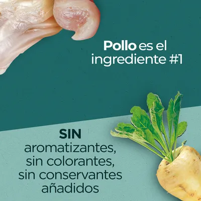 Pollo es el ingrediente #1. SIN aromatizantes, sin colorantes, sin conservantes añadidos.