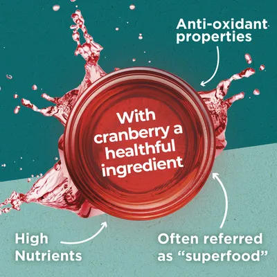 Tekst na engleskom: With cranberry a healthful ingredient, Anti-oxidant properties, High Nutrients, Often referred as 'superfood'.