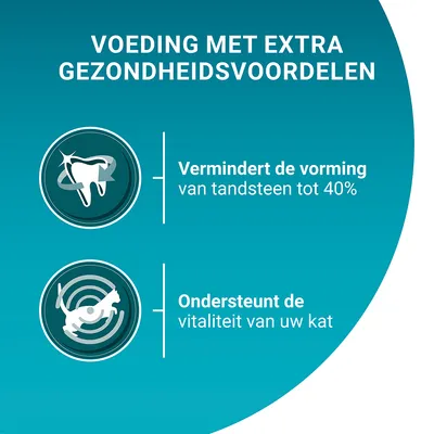 Voeding met extra gezondheidsvoordelen: vermindert de vorming van tandsteen tot 40% en ondersteunt de vitaliteit van uw kat.