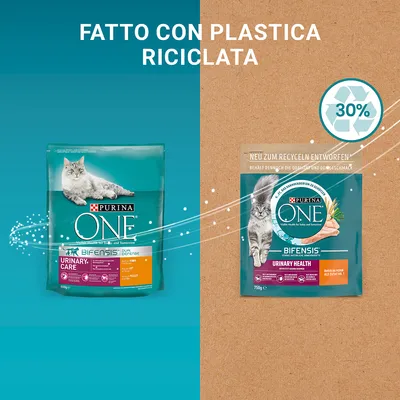 Due confezioni di Purina ONE Bifensis Urinary Care per gatti, testo: 'Fatto con plastica riciclata', simbolo riciclo con 30%.