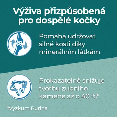 Výživa přizpůsobená pro dospělé kočky. Pomáhá udržovat silné kosti díky minerálním látkám. Prokazatelně snižuje tvorbu zubního kamene až o 40 %. *Výzkum Purina.