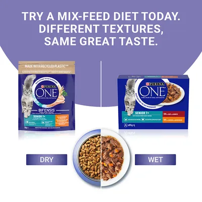 Purina ONE Bifensis Senior 7+ dry cat food pouch and Purina ONE Senior 7+ wet cat food box, bowl split showing dry and wet food, text: Try a mix-feed diet today. Different textures, same great taste.
