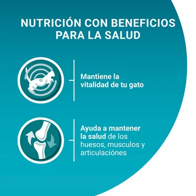 Nutrición con beneficios para la salud: mantiene la vitalidad de tu gato y ayuda a mantener la salud de los huesos, músculos y articulaciones. Texto en español.