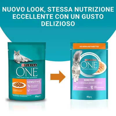 Nuovo look per Purina ONE Sensitive 85g, stessa nutrizione. Confezioni mostrate: vecchio e nuovo design, visibile testo 'Mit Huhn und Karotten', 'Sensitive', immagini di gatto e crocchette.