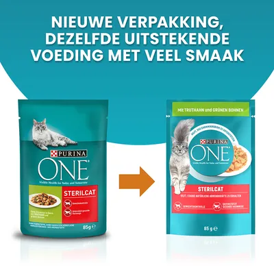 Purina ONE Sterilcat kattenvoer 85 g: oude en nieuwe verpakking naast elkaar. Tekst bovenaan: 'Nieuwe verpakking, dezelfde uitstekende voeding met veel smaak'.