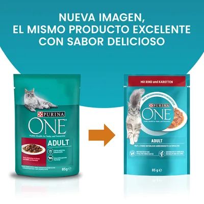 Comparativa de dos envases de Purina ONE Adult 85 g para gatos, con texto: 'Nueva imagen, el mismo producto excelente con sabor delicioso'.