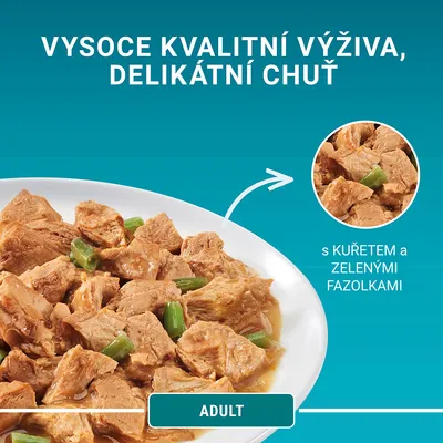 Vysoce kvalitní výživa, delikátní chuť. S kuřetem a zelenými fazolkami. ADULT.