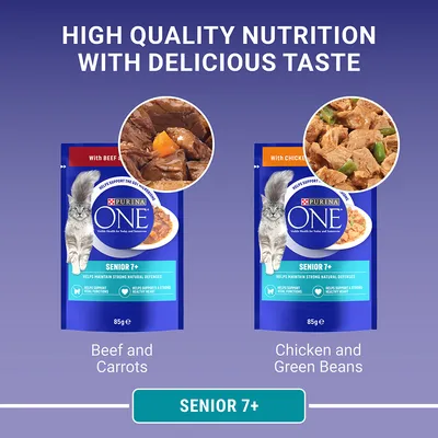 Purina ONE Senior 7+ cat food pouches, Beef and Carrots flavour and Chicken and Green Beans flavour, 85g each. Text: High quality nutrition with delicious taste. For senior cats 7+.