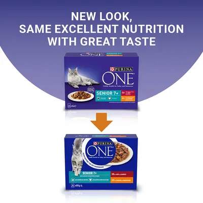 Purina ONE Senior 7+ cat food packaging, old and new designs shown. Text: New look, same excellent nutrition with great taste. Visible flavours: beef with carrots, chicken with green beans.