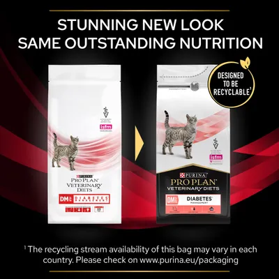 Comparison of old and new packaging for Pro Plan Veterinary Diets DM Diabetes Management, highlighting a new recyclable design with the message 'Stunning new look, same outstanding nutrition'.
