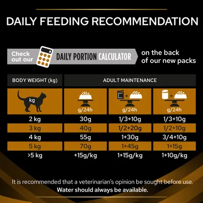 Daily feeding recommendation chart showing body weight in kg and corresponding daily food portions in grams for adult maintenance. Water should always be available. Vet advice recommended.