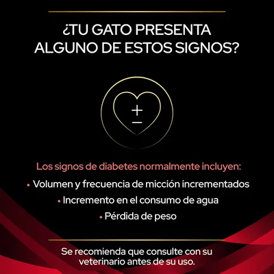 ¿Tu gato presenta alguno de estos signos? Volumen y frecuencia de micción incrementados, incremento en el consumo de agua, pérdida de peso. Consulte con su veterinario antes de su uso.
