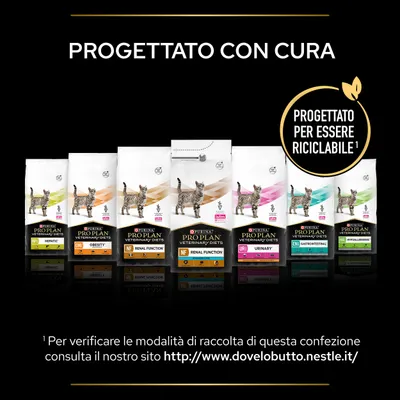 Purina Pro Plan Veterinary Diets per gatti: Hepatic, Obesity, Renal Function, Urinary, Gastrointestinal, Hypoallergenic. Testo: Progettato con cura, progettato per essere riciclabile.