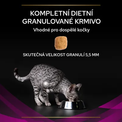 Text v češtine: KOMPLETNÍ DIETNÍ GRANULOVANÉ KRMIVO, Vhodné pro dospělé kočky, SKUTEČNÁ VELIKOST GRANULÍ 5,5 MM. Zobrazená granula a mačka pri miske.