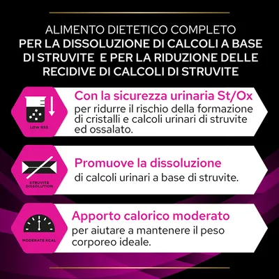 Alimento dietetico completo per la dissoluzione di calcoli a base di struvite e riduzione recidive. Sicurezza urinaria St/Ox, promuove la dissoluzione, apporto calorico moderato.