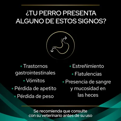 ¿Tu perro presenta alguno de estos signos? Trastornos gastrointestinales, vómitos, pérdida de apetito o peso, estreñimiento, flatulencias, sangre y mucosidad en heces. Consulte a su veterinario.