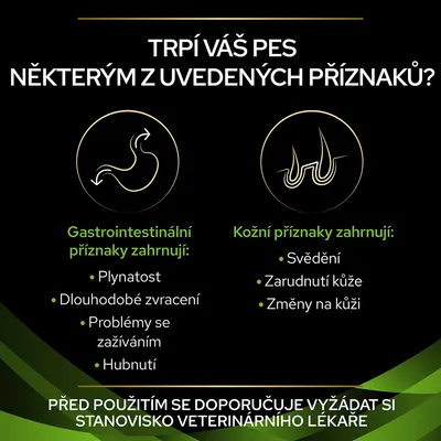 Text v češtine: Trpí váš pes některým z uvedených příznaků? Gastrointestinální příznaky: plynatost, dlouhodobé zvracení, problémy se zažíváním, hubnutí. Kožní příznaky: svědění, zarudnutí kůže, změny na kůži. Před použitím se doporučuje vyžádat si stanovisko veterinárního lékaře.