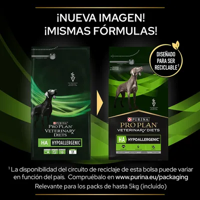 Comparativa de envases de PURINA PRO PLAN VETERINARY DIETS HA Hypoallergenic para perros. Texto: '¡Nueva imagen! ¡Mismas fórmulas!' y 'Diseñado para ser reciclable'.