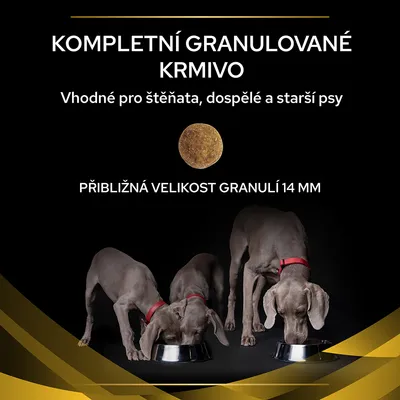 Text v češtine: Kompletní granulované krmivo, vhodné pro štěňata, dospělé a starší psy. Přibližná velikost granulí 14 mm. Tri sivé psy pri miske.