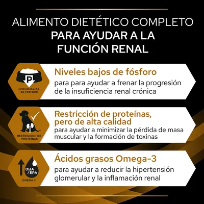 Alimento dietético completo para ayudar a la función renal. Niveles bajos de fósforo, restricción de proteínas de alta calidad y ácidos grasos Omega-3. Texto en español.