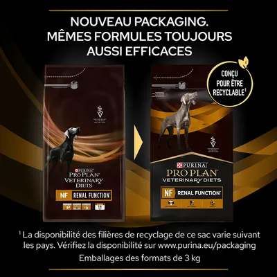 Nouveau packaging Purina Pro Plan Veterinary Diets NF Renal Function, conçu pour être recyclable. Même formule, efficacité inchangée. Emballages formats 3 kg visibles.