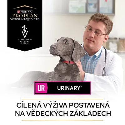 Purina Pro Plan Veterinary Diets UR Urinary. Cielená výživa postavená na vedeckých základoch. Veterinární klinické řešení. Pes u veterinára.