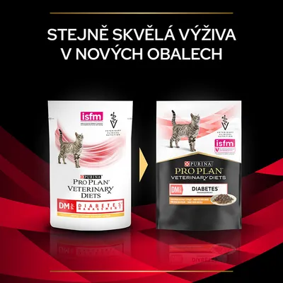 Porovnání starého a nového obalu krmiva PURINA PRO PLAN VETERINARY DIETS DM ST/OX DIABETES MANAGEMENT pro kočky, text: Stejně skvělá výživa v nových obalech.