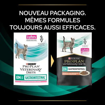 Nouveau packaging Purina Pro Plan Veterinary Diets EN St/Ox Gastrointestinal pour chat, mêmes formules. Ancien et nouveau sachet visibles avec logos isfm et Veterinary Clinical Nutrition.