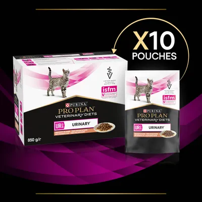 Purina Pro Plan Veterinary Diets Urinary, 10 pouches, 850g. Product packaging shows food for urinary care and ISFM veterinary nutrition endorsement.