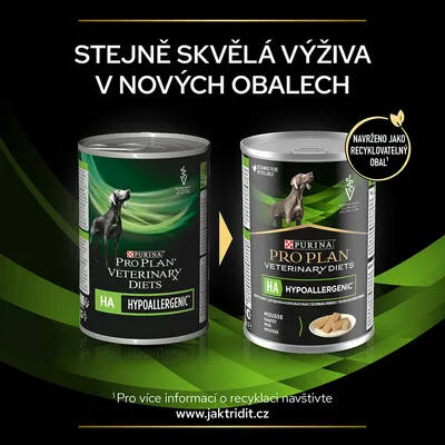 Dve konzervy Purina Pro Plan Veterinary Diets HA Hypoallergenic pre psov, starý a nový obal. Text: Navrhnuté ako recyklovateľný obal. Stejně skvělá výživa v nových obalech.