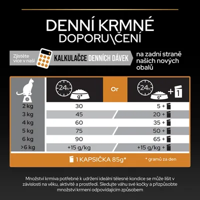 Denní krmné doporučení pro kočky podle hmotnosti: 2 kg 30 g, 3 kg 45 g, 4 kg 60 g, 5 kg 75 g, 6 kg 90 g, nad 6 kg +15 g/kg. Alternativně kombinace suchého a mokrého krmiva.