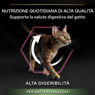 Nutrizione quotidiana di alta qualità, supporta la salute digestiva del gatto, alta digeribilità, per gatti sterilizzati.