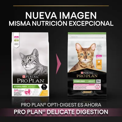 Cambio de imagen en el envase de Purina Pro Plan Sterilised Adult para gatos: antes Opti-Digest, ahora Delicate Digestion. Texto visible: 'Nueva imagen, misma nutrición excepcional'.