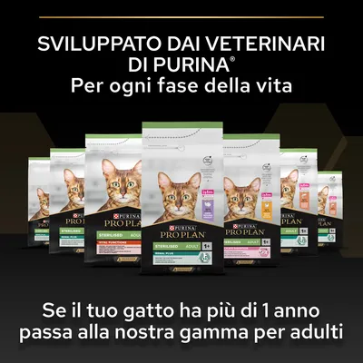 Sviluppato dai veterinari di Purina. Per ogni fase della vita. Se il tuo gatto ha più di 1 anno passa alla nostra gamma per adulti. Purina Pro Plan Sterilised Adult visibile su confezioni.